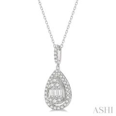 1/3 Ctw Pear Shape Halo Baguette and Round Cut Diamond Fusion Pendant With Chain in 14K White Gold