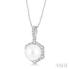 8X8MM Cultured Pearl and 1/3 Ctw Hexagon Shape Round Cut Diamond Pendant With Chain in 14K White Gold