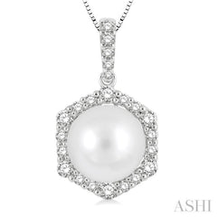 8X8MM Cultured Pearl and 1/3 Ctw Hexagon Shape Round Cut Diamond Pendant With Chain in 14K White Gold