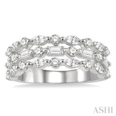 1 1/2 Ctw Triple Row Baguette, Marquise and Round Cut Diamond Fashion Band in 14K White Gold