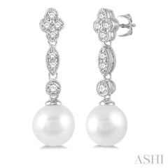 7X7MM Cultured Pearls and 1/3 Ctw Round Cut Diamond Drop Earrings in 14K White Gold