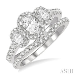 1 1/4 Ctw Diamond Wedding Set With 1 ct Triple Oval Shape Past, Present & Future Engagement Ring and 1/4 ct Curved Wedding Band in 14K White Gold