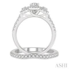 1 1/4 Ctw Diamond Wedding Set With 1 ct Triple Oval Shape Past, Present & Future Engagement Ring and 1/4 ct Curved Wedding Band in 14K White Gold