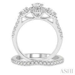 1 1/4 Ctw Diamond Wedding Set With 1 ct Triple Pear Shape Past, Present & Future Engagement Ring and 1/4 ct Curved Wedding Band in 14K White Gold