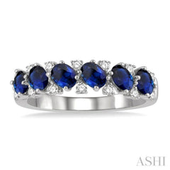 1/5 ctw Oval Shape 4X3MM Sapphire and Round Cut Diamond Precious Band in 14K White Gold