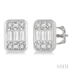 3/4 Ctw Octagonal Shape Baguette and Round Cut Diamond Bezel Stud Earrings in 14K White Gold