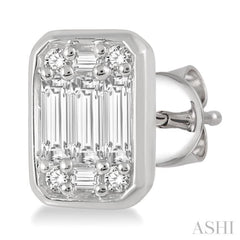 3/4 Ctw Octagonal Shape Baguette and Round Cut Diamond Bezel Stud Earrings in 14K White Gold