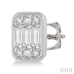 1/2 Ctw Octagonal Shape Baguette and Round Cut Diamond Bezel Stud Earrings in 14K White Gold