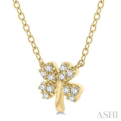 1/10 Ctw Four-Leaf Clover Round Cut Diamond Petite Fashion Pendant With Chain in 14K Yellow Gold