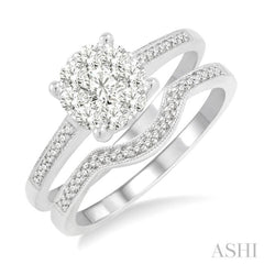 1/2 Ctw Diamond Wedding Set with 1/2 Ctw Lovebright Round Cut Engagement Ring and 1/20 Ctw Wedding Band in 14K White Gold