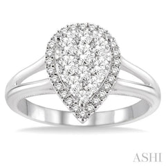 3/4 Ctw Pear Shape Round Cut Diamond Lovebright Ring in 14K White Gold