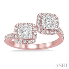 5/8 Ctw Conjoined Cushion Mount Round Cut Diamond Lovebright 2Stone Ring in 14K Rose and White Gold