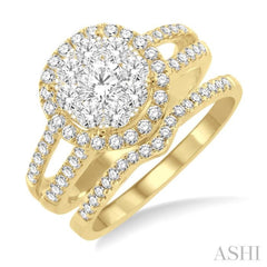 1 1/6 Ctw Diamond Wedding Set with 1 Ctw Lovebright Round Cut Engagement Ring and 1/6 Ctw Wedding Band in 14K Yellow and White Gold