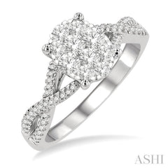 5/8 ctw Oval Shape Center Split Crisscross Shank Lovebright Round Cut Diamond Engagement Ring in 14K White Gold