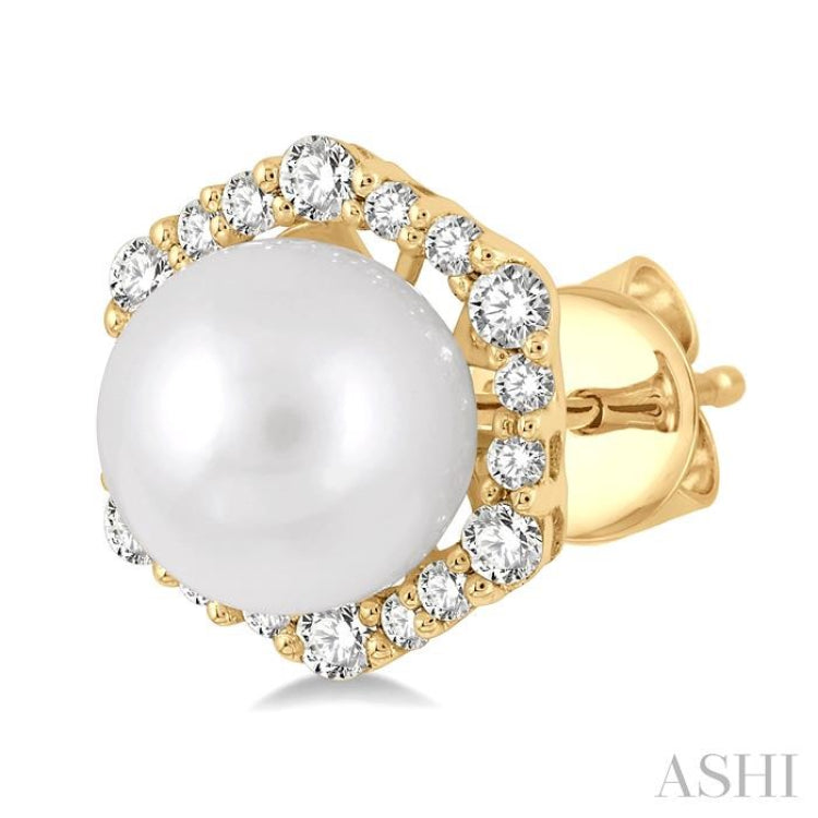 7 MM Cultured Pearls and 1/3 Ctw Hexagon Shape Round Cut Diamond Earrings in 14K Yellow Gold