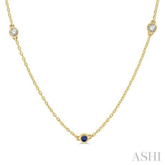 3/8 ctw Round Cut Diamond and 2.6MM Sapphire Precious Station Necklace in 14K Yellow Gold