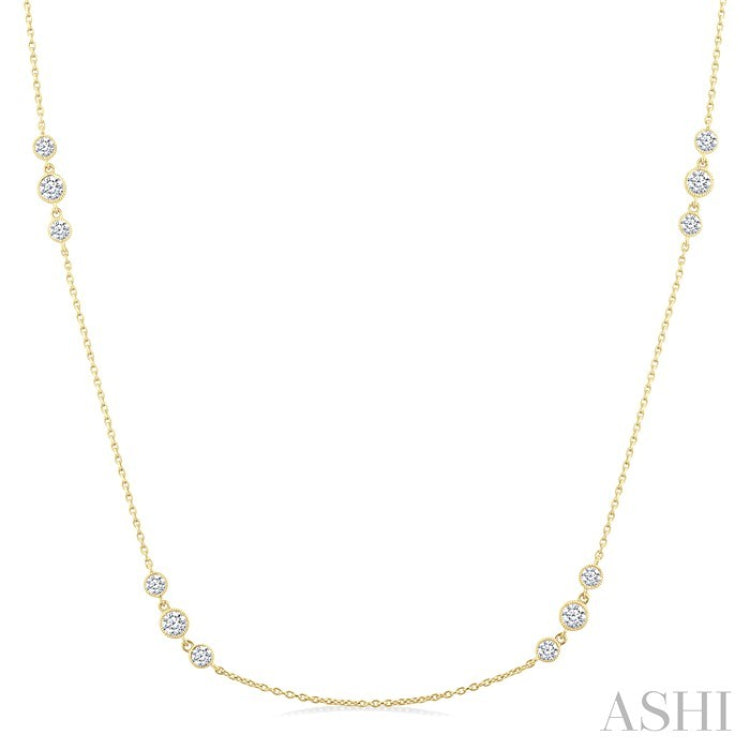 3/4 Ctw Three Stone Bezel Set Round Cut Diamond Station Necklace in 14K Yellow Gold