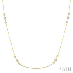 3/4 Ctw Three Stone Bezel Set Round Cut Diamond Station Necklace in 14K Yellow Gold