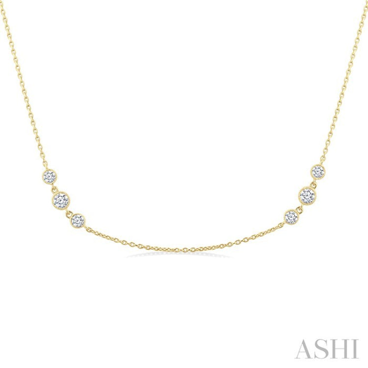 3/4 Ctw Three Stone Bezel Set Round Cut Diamond Station Necklace in 14K Yellow Gold