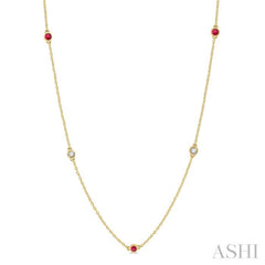 3/8 ctw Round Cut Diamond and 2.6MM Ruby Precious Station Necklace in 14K Yellow Gold