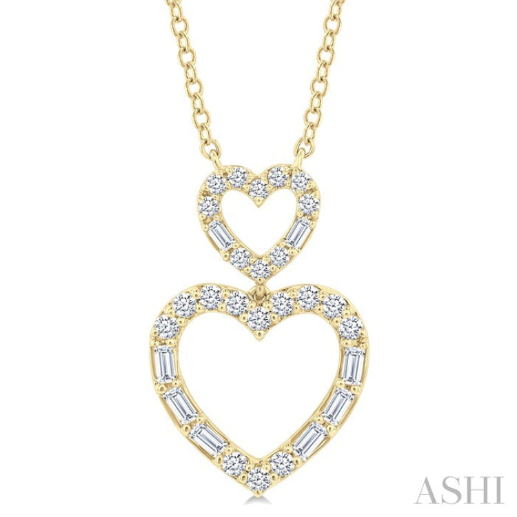 1/3 Ctw Twin Heart Fusion Baguette and Round Cut Diamond Pendant With Chain in 10K Yellow Gold