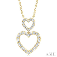 1/3 Ctw Twin Heart Fusion Baguette and Round Cut Diamond Pendant With Chain in 10K Yellow Gold