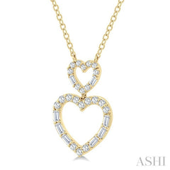 1/3 Ctw Twin Heart Fusion Baguette and Round Cut Diamond Pendant With Chain in 10K Yellow Gold
