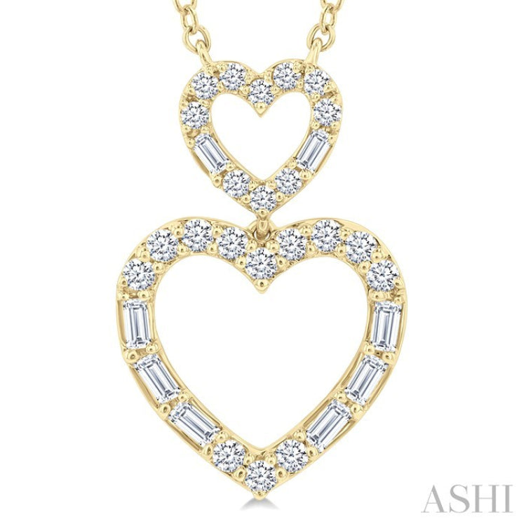 1/3 Ctw Twin Heart Fusion Baguette and Round Cut Diamond Pendant With Chain in 10K Yellow Gold