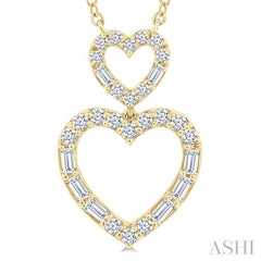 1/3 Ctw Twin Heart Fusion Baguette and Round Cut Diamond Pendant With Chain in 10K Yellow Gold