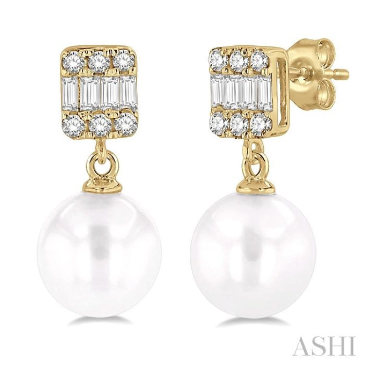 6 MM Cultured Pearls and 1/10 Ctw Baguette and Round Cut Diamond Earrings in 10K Yellow Gold