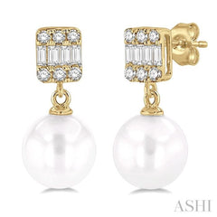 6 MM Cultured Pearls and 1/10 Ctw Baguette and Round Cut Diamond Earrings in 10K Yellow Gold