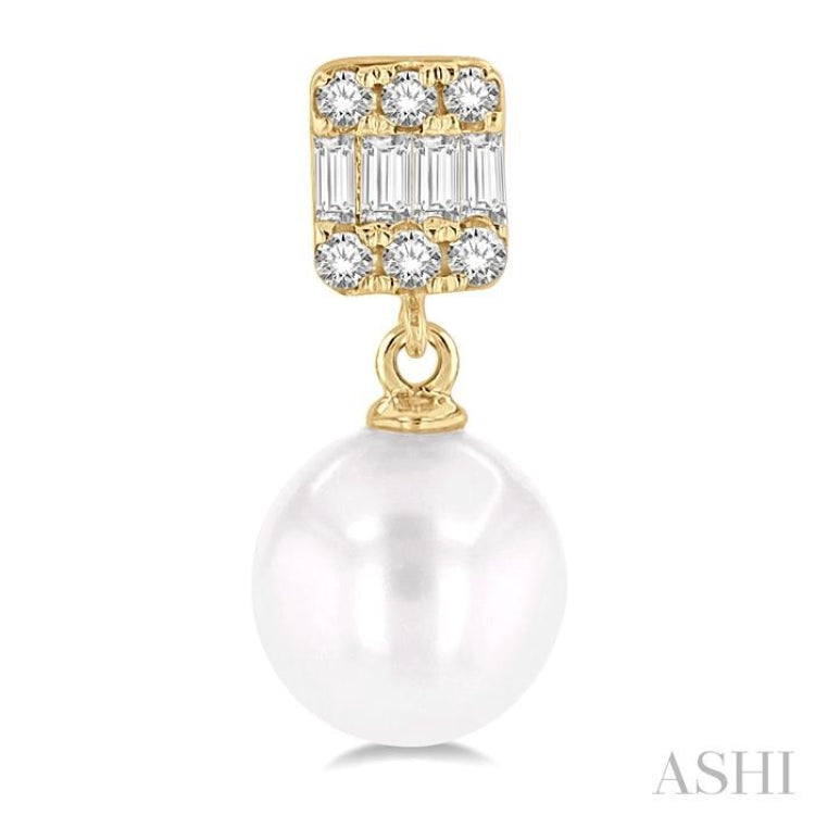 6 MM Cultured Pearls and 1/10 Ctw Baguette and Round Cut Diamond Earrings in 10K Yellow Gold