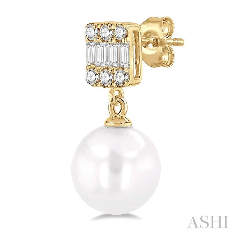 6 MM Cultured Pearls and 1/10 Ctw Baguette and Round Cut Diamond Earrings in 10K Yellow Gold
