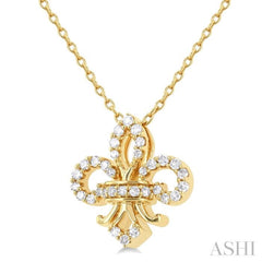 1/6 ctw Petite Fleur De Lis Round Cut Diamond Fashion Pendant With Chain in 10K Yellow Gold