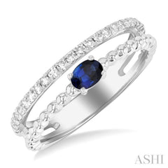 4X3MM Oval Shape Sapphire and 1/5 ctw Single Cut Diamond Precious Split Twin Ring in 10K White Gold