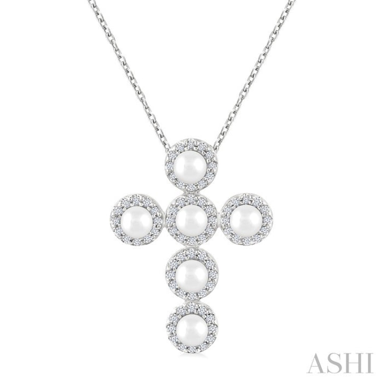 3 MM Cross Cultured Pearl and 1/4 Ctw Round Cut Diamond Pendant With Chain in 14K White Gold