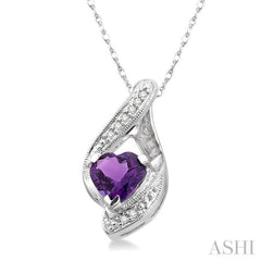 7 MM Heart Shape Amethyst and 1/20 Ctw Round Cut Diamond Semi-Precious Pendant in 14K White Gold with Chain
