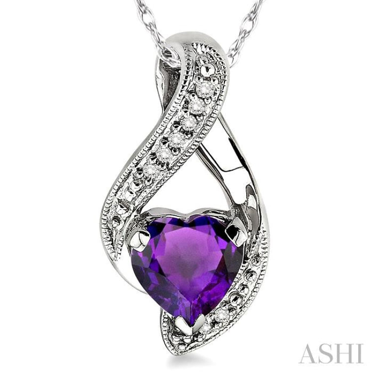 7 MM Heart Shape Amethyst and 1/20 Ctw Round Cut Diamond Semi-Precious Pendant in 14K White Gold with Chain