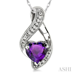 7 MM Heart Shape Amethyst and 1/20 Ctw Round Cut Diamond Semi-Precious Pendant in 14K White Gold with Chain