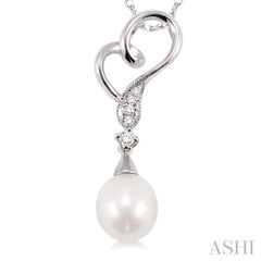 9x7 MM Briolette Cut Cultured Pearl and 1/20 Ctw Round Cut Diamond Drop Pendant in 10K White Gold with Chain