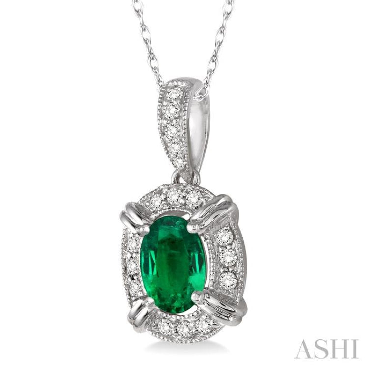 6x4 MM Oval Cut Emerald and 1/10 Ctw Round Cut Diamond Pendant in 14K White Gold with Chain