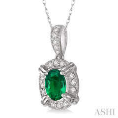 6x4 MM Oval Cut Emerald and 1/10 Ctw Round Cut Diamond Pendant in 14K White Gold with Chain