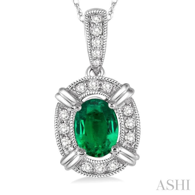 6x4 MM Oval Cut Emerald and 1/10 Ctw Round Cut Diamond Pendant in 14K White Gold with Chain