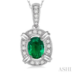 6x4 MM Oval Cut Emerald and 1/10 Ctw Round Cut Diamond Pendant in 14K White Gold with Chain