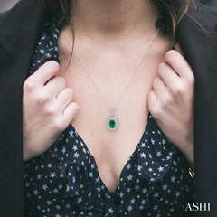 6x4 MM Oval Cut Emerald and 1/10 Ctw Round Cut Diamond Pendant in 14K White Gold with Chain