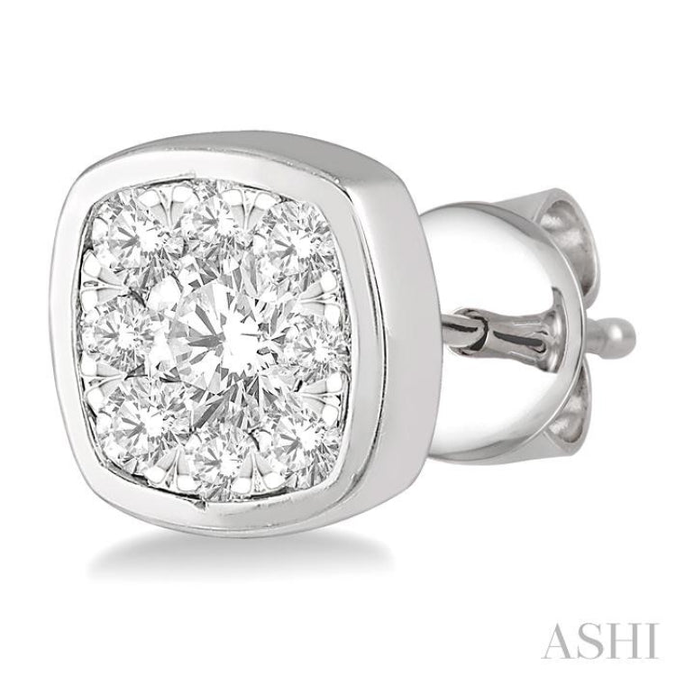 1/3 Ctw Cushion Shape Round Cut Diamond Lovebright Bezel Stud Earring in 14K White Gold