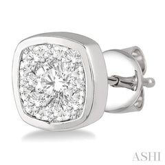 1/3 Ctw Cushion Shape Round Cut Diamond Lovebright Bezel Stud Earring in 14K White Gold